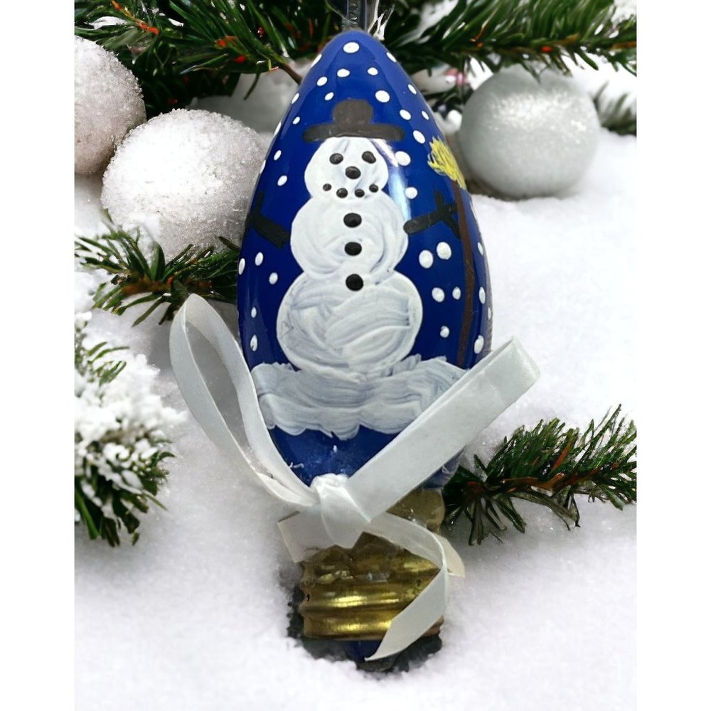Handmade Christmas Light Bulb Snowman Brooch Pin Blue Vintage Handpainted